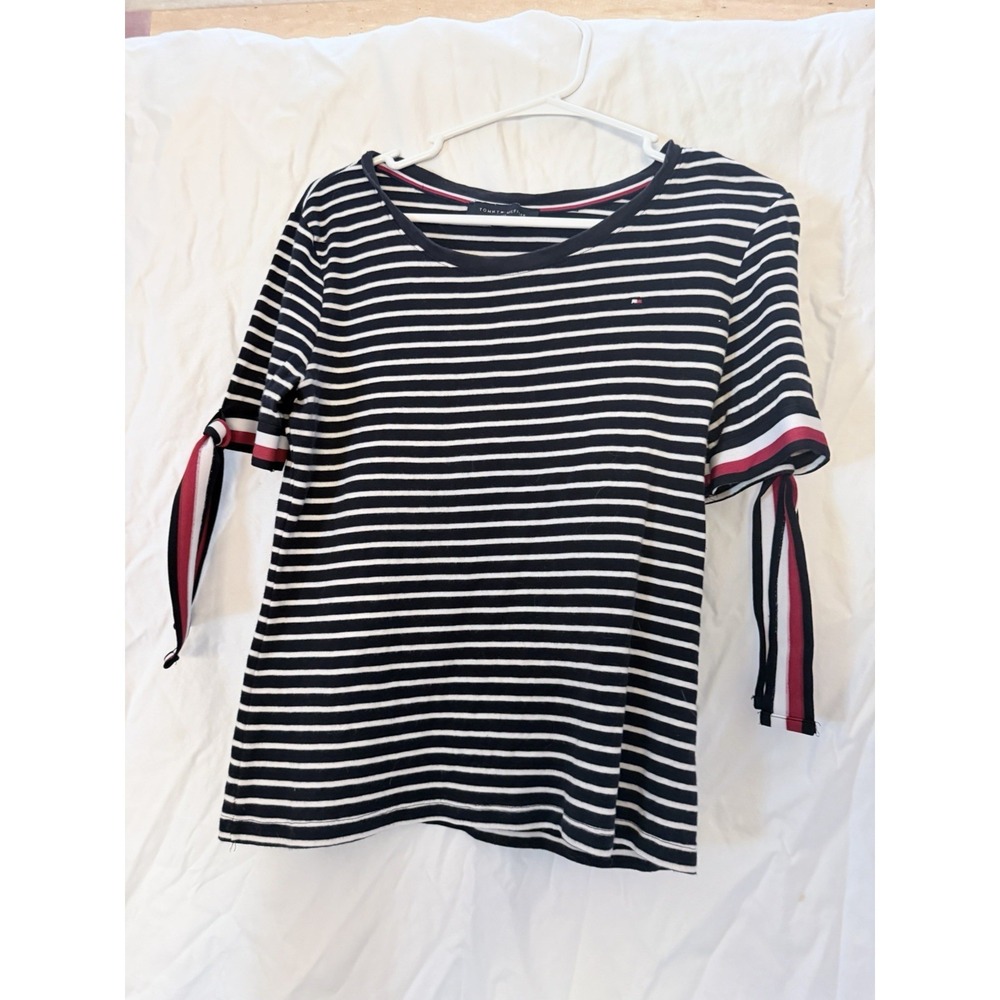 Tommy Hilfiger Women's Large Stripe T shirt short sleeve Tie Sleeves Bow